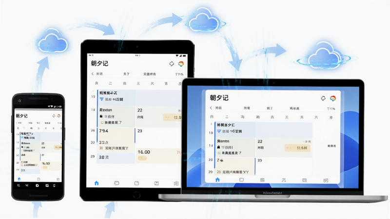 概念图,展示一部安卓手机、一台平板电脑和一个笔记本电脑屏幕同步显示