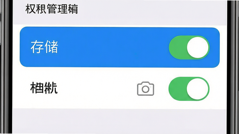 一张手机设置界面的示意图,主体为权限管理页面,高亮显示“存储”和“相机”权限开关,布局清晰,风格简洁,细节明确,画质清晰,干净,无多余元素