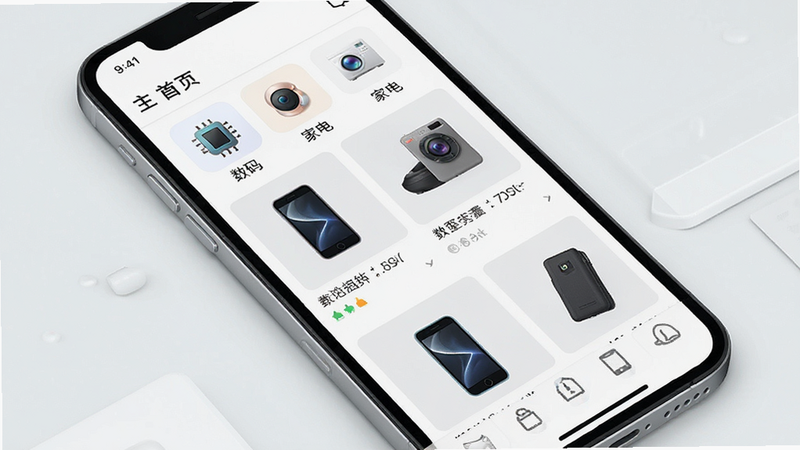一张展示日拍特APP主界面的概念图,主体为手机屏幕,显示首页瀑布流商品列表,包含“数码”、“家电”等分类图标,布局整齐,风格现代简约,色彩以白色和浅灰为主,细节清晰,画质高清,干净,无多余元素