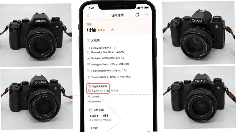 一张日拍特APP商品详情页的示意图,主体为手机界面,显示一台二手相机的详细参数、多角度实拍图及成色说明,布局清晰,风格写实,细节丰富,画质清晰,干净,无多余元素