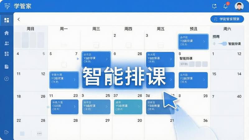 学管家排课界面预览,日历视图高亮显示课程块,拖拽交互示意,蓝色主题色,细节丰富,高清,无水印,文字“智能排课”