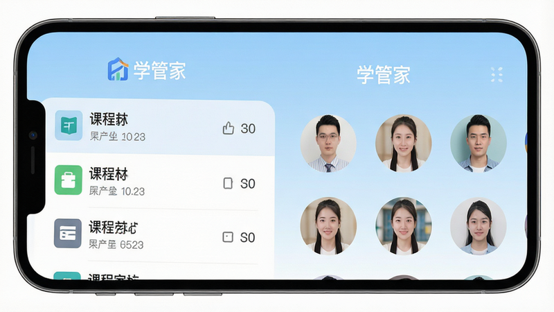 学管家APP界面主视觉,展示手机屏幕,左侧为课程列表,右侧为学员头像网格,背景淡蓝色渐变,扁平化设计风格,高清,干净,无多余元素,文字“学管家”清晰可见