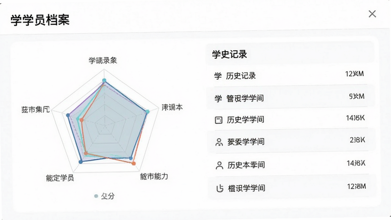学管家学员详情页面,包含雷达图展示能力维度,列表展示历史记录,白色背景,简洁排版,高清,文字“学员档案”