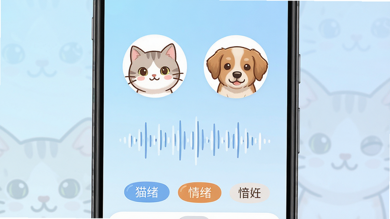 一张展示猫狗萌语翻译官手机应用界面的高清图片,主体为安卓手机屏幕,显示着可爱的卡通猫咪和狗狗头像,背景是柔和的浅蓝色渐变,界面上有清晰的声波波形图和情绪标签,布局简洁现代,排版清晰,风格温馨治愈,细节丰富,画质高清,干净无多余元素