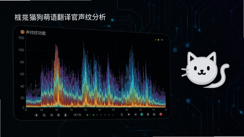 展示猫狗萌语翻译官声纹分析功能的图片,主体为声波频谱图,色彩鲜艳,背景为深色模式以突出数据,旁边配有简单的猫咪叫声图标,布局科技感强,排版紧凑,风格专业且现代,细节清晰,画质锐利,干净无多余元素