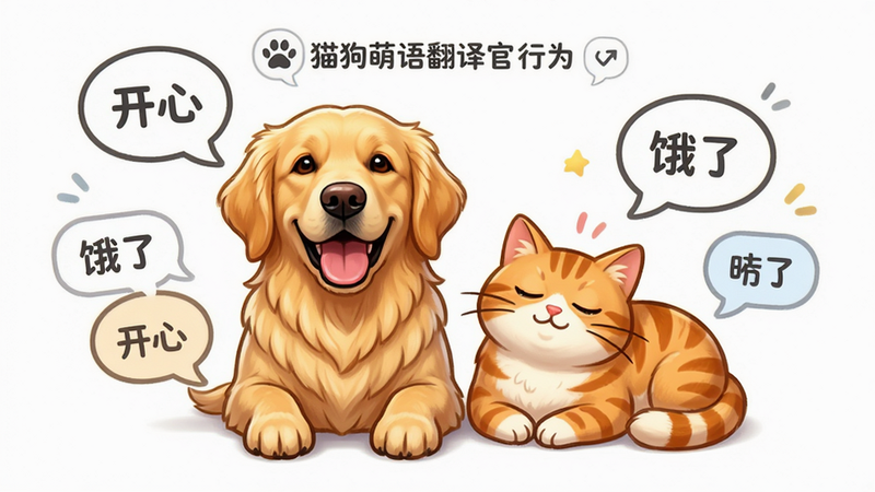 展示猫狗萌语翻译官行为解读界面的图片,主体为一只开心的金毛犬和一只慵懒的橘猫,周围环绕着气泡框,气泡内是简单的文字提示如“开心”、“饿了”,背景为明亮的白色,布局平衡,排版舒适,风格活泼可爱,细节生动,画质高清,干净无多余元素