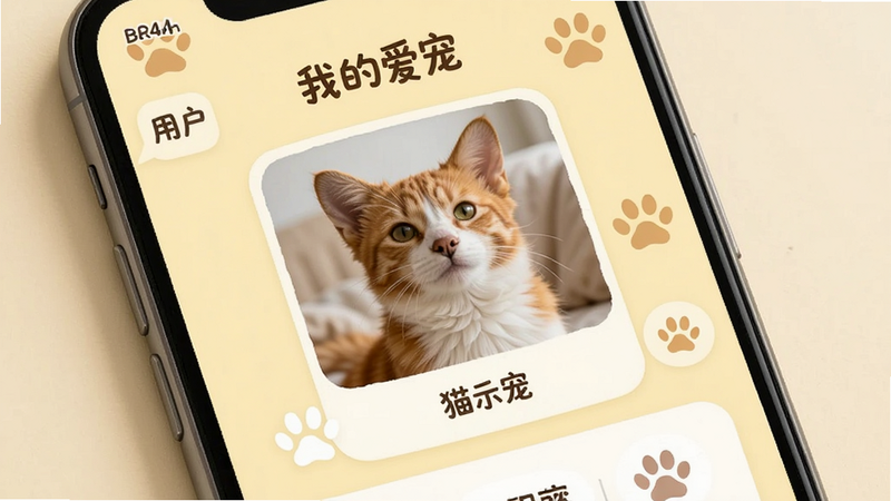 展示猫狗萌语翻译官用户档案界面的图片,主体为手机屏幕,显示着用户上传的宠物照片和名字,背景为淡黄色,界面上有“我的爱宠”字样,布局温馨,排版整齐,风格亲切自然,细节精致,画质清晰,干净无多余元素
