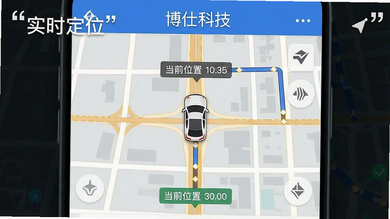 主体为博仕科技APP地图定位界面,布局中心为车辆图标,周围显示道路网格与轨迹线,风格扁平化设计,细节标注当前位置坐标,画质清晰,干净,文字“实时定位”加引号