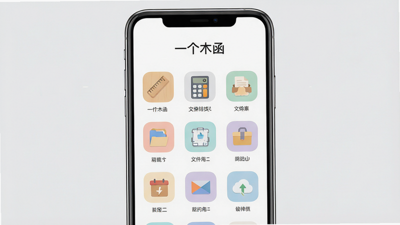 一个木函APP主界面高清预览图,手机屏幕居中显示,背景为纯净浅灰色,界面布局简洁清晰,顶部显示软件名称“一个木函”,下方网格排列多个功能图标如尺子、计算器、文件转换等,图标风格扁平化,色彩柔和,整体画面干净无多余元素,8k分辨率,极简主义风格