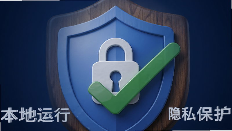 一个木函隐私安全盾牌图标特写,蓝色盾牌中心带有锁形图案,周围环绕绿色对勾,背景为深蓝色渐变,象征安全与信任,文字“本地运行”、“无广告”、“隐私保护”清晰显示,设计风格严谨专业,光影效果柔和,无其他干扰元素