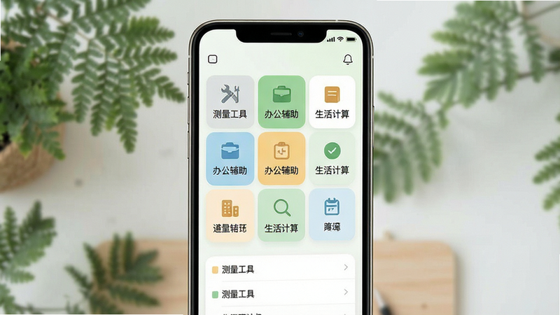 一个木函功能模块展示图,手机界面显示九宫格或列表式功能菜单,高亮显示“测量工具”、“办公辅助”、“生活计算”等分类,界面设计现代简约,文字清晰可见,背景虚化处理以突出主体,色彩搭配清新自然,无水印,高质量UI设计展示