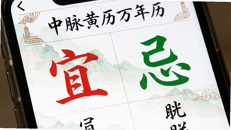 主体为手机屏幕特写,显示中脉黄历万年历的宜忌列表,布局为左右两列,左侧红色“宜”字,右侧绿色“忌”字,排版整齐,风格传统中国风,细节处有书法字体,画质清晰,干净,文字包含