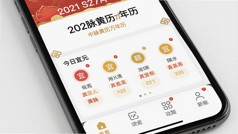 主体为智能手机屏幕显示中脉黄历万年历APP界面,布局清晰,顶部显示日期与农历,中部展示今日宜忌图标,底部为功能导航栏,排版整洁,风格简约现代,细节处包含红色宜忌标识与金色装饰元素,画质高清,干净无多余元素,文字包含