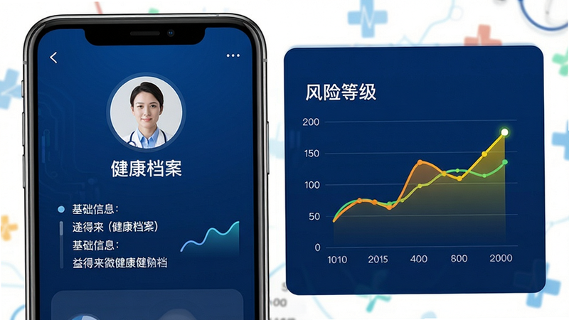 益得来微健康健康档案页面预览,主体为手机界面,布局分为左右两列,左侧显示用户头像和基础信息,右侧显示风险等级图表。排版对称平衡,风格科技感与医疗感结合,深蓝色背景配亮色图表。细节处有折线图趋势展示。画质清晰,无多余装饰,文字标注为“健康档案”。