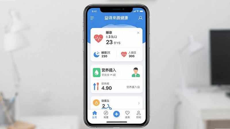 益得来微健康APP首页界面展示,主体为手机屏幕,布局清晰,包含顶部导航栏、中间健康数据仪表盘和底部功能菜单。排版整洁有序,风格为现代扁平化设计,蓝色为主色调,搭配白色背景。细节处可见心率、睡眠、营养摄入等图标。画质高清,干净无多余元素,文字显示为“益得来微健康”。
