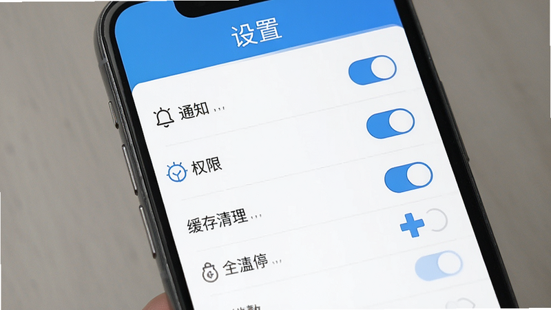 益得来微健康设置页面预览,主体为手机界面,布局为列表式,包含通知、权限、缓存清理等选项。排版简洁明了,风格统一为蓝色主题。细节处显示开关状态。画质清晰,无多余元素,文字标注为“设置”。