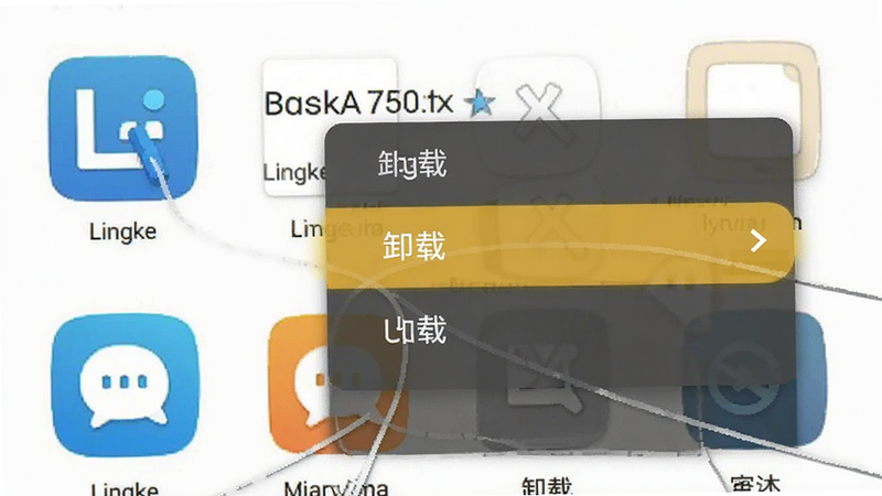 展示手机应用列表中Lingke图标被长按出现菜单的示意图,菜单中有“卸载”选项高亮显示,背景为浅色桌面,布局清晰,排版标准安卓风格,细节准确,画质清晰,干净,无多余元素