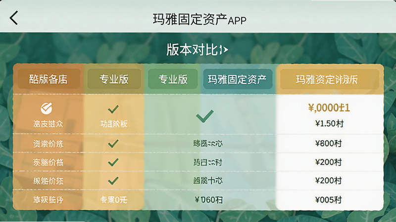 主体为玛雅固定资产APP的付费界面,布局为版本对比表格,风格商务简洁,细节显示不同版本的功能勾选与价格,画质清晰,干净,无多余元素,文字内容包含“专业版”、“玛雅固定资产”