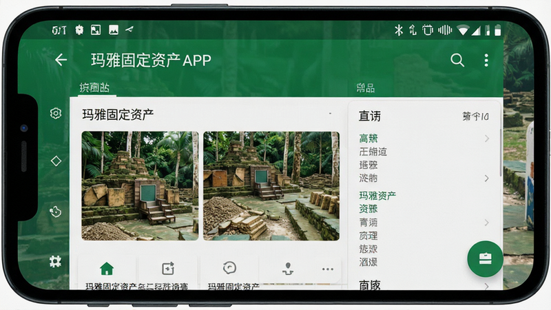 主体为玛雅固定资产APP在安卓手机上的运行界面,布局全屏显示,风格真实手机截图感,细节显示状态栏与APP内容,画质逼真,干净,无多余元素,文字内容包含“玛雅固定资产”