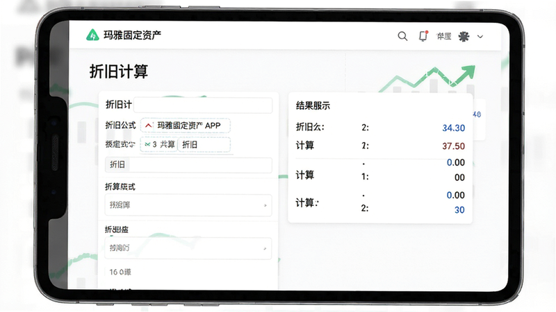 主体为玛雅固定资产APP的折旧计算页面,布局为表单输入区与结果展示区,风格简约白色背景,细节显示折旧公式与计算结果数字,画质高清,干净,无多余元素,文字内容包含“折旧计算”、“玛雅固定资产”