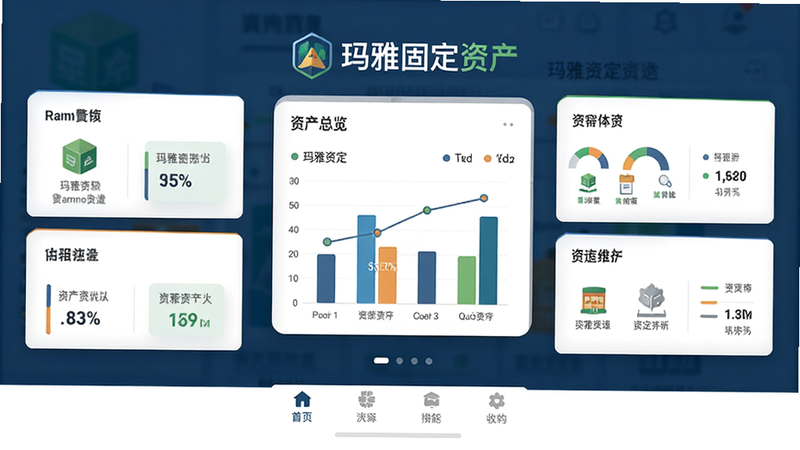 主体为玛雅固定资产APP的主界面,布局采用卡片式设计,顶部显示“玛雅固定资产”Logo,中部展示资产总览图表,底部为功能导航栏,风格为扁平化商务风,细节包含清晰的图标与数据可视化元素,画质高清,干净,无多余元素,文字内容包含“玛雅固定资产”