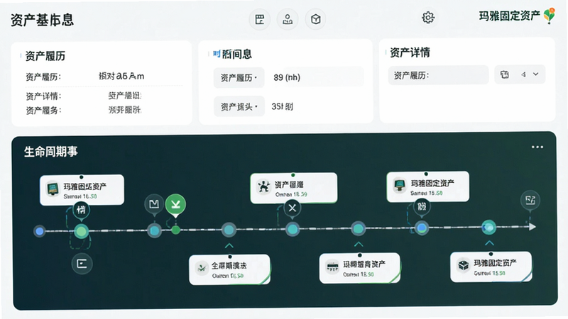 主体为玛雅固定资产APP的资产详情页,布局上方为资产基本信息,下方为时间轴展示生命周期事件,风格时间轴视觉设计,细节包含各个节点的操作图标,画质清晰,干净,无多余元素,文字内容包含“资产履历”、“玛雅固定资产”