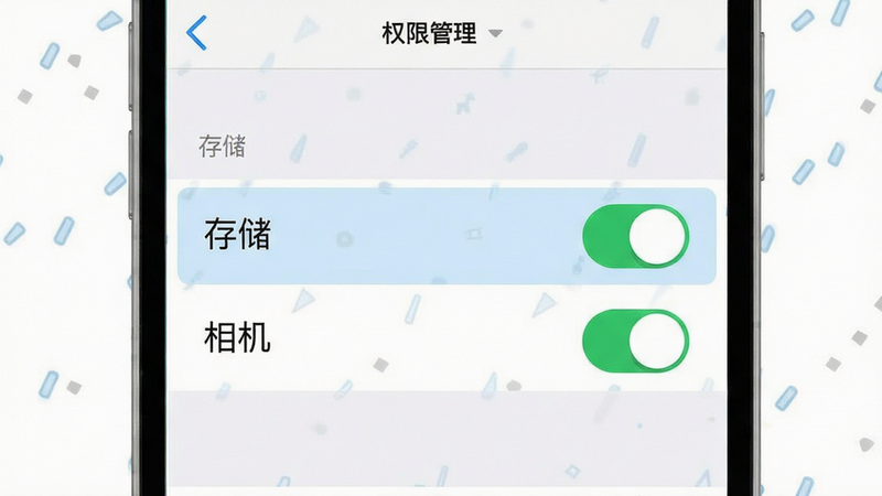 主体为手机设置界面示意图,显示权限管理页面,高亮显示“存储”和“相机”权限开关,布局简洁,风格扁平化,细节清晰,画质高清,干净,无多余元素