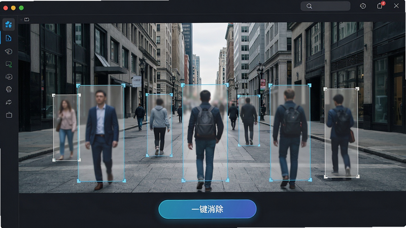 主体为软件界面截图,显示一张城市街景照片,其中行人被半透明选框选中,界面下方有“一键消除”按钮,布局清晰,风格科技感,细节丰富,画质清晰,干净,无多余元素