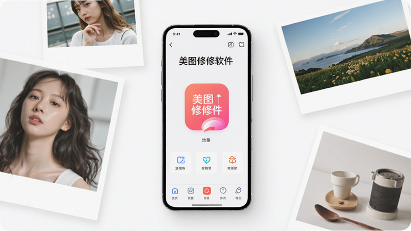 主体为一部现代智能手机,屏幕显示“美图修修软件”界面,背景为简洁的白色摄影棚,手机周围环绕着几张照片,照片上有人像、风景和物品,整体布局扁平化,风格清新简约,细节精致,画质高清,干净,无多余元素