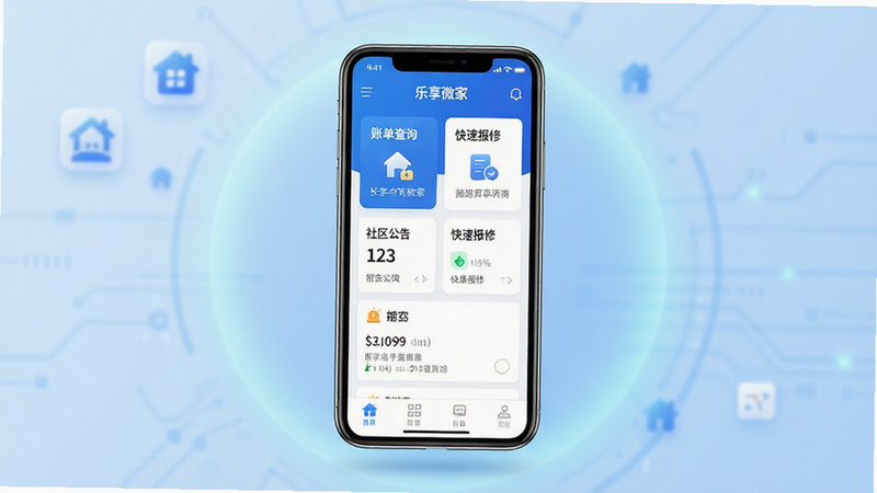 主体为乐享微家APP手机界面展示图,布局为居中悬浮的手机模型,屏幕显示首页概览,包含账单查询、快速报修、社区公告等模块。排版简洁大气,采用蓝白配色风格,扁平化UI设计。细节处体现高清图标质感,背景为柔和的科技蓝渐变光晕。画质8k,干净无多余元素,无水印,无多余文字,仅保留界面必要文字