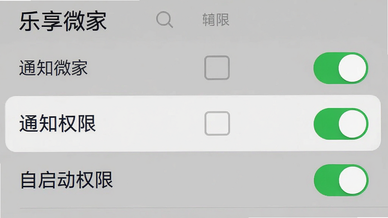主体为乐享微家APP权限设置界面截图,布局为列表形式,高亮显示“通知权限”和“自启动权限”选项。排版清晰,勾选框状态明确。风格为系统设置界面风格,简洁直观。细节处包含开关按钮的绿色激活状态。画质清晰,无多余装饰,文字