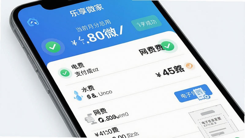 主体为乐享微家APP账单详情页界面,布局为列表式展示,顶部显示当前月份总费用,下方列出电费、水费、网费等明细项。排版整齐,数字字体加大加粗以突出金额。风格为现代商务风,色调清爽。细节处包含支付成功图标和电子发票入口。画质高清,干净背景,无杂乱元素,文字清晰可读,包含
