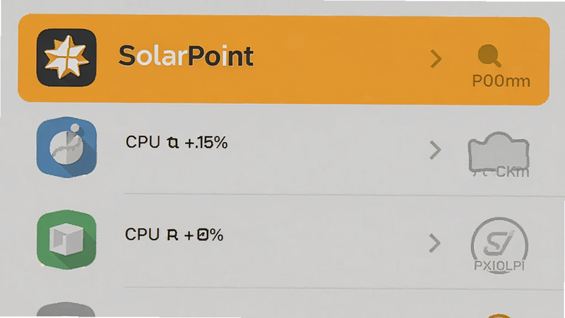 生成一张手机后台任务管理界面的示意图,主体为SolarPoint图标在列表顶部高亮显示,布局整齐,其他应用图标灰暗,风格扁平化UI,细节显示CPU占用率极低,画质清晰,干净无杂乱元素
