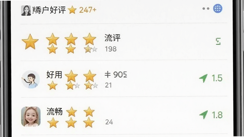 生成一张用户评价界面的模拟图,主体为五星好评列表,包含“好用”、“流畅”等关键词,布局类似应用商店评论区,风格简洁,细节展示星级图标,画质清晰,干净无水印