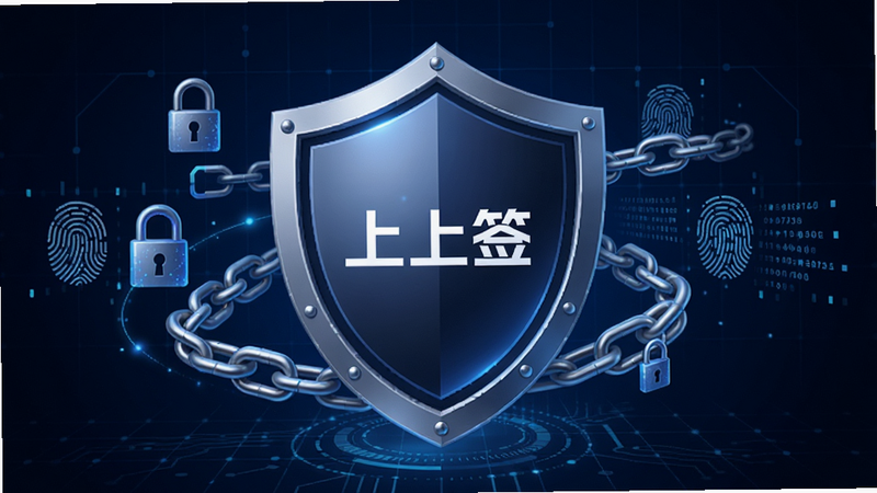 一张科技感十足的安全盾牌图标,盾牌中心为“上上签”Logo,周围环绕着锁链、指纹、数据流等元素,象征安全与防护,背景为深蓝色科技网格,风格现代简洁,布局中心对称,细节精致,画质清晰,干净,无多余元素