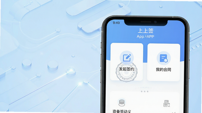 一张高清现代商务风格的软件界面展示图,主体为手机屏幕,显示“上上签”APP首页,界面整洁,包含“发起签约”、“我的合同”等核心功能入口,背景为浅蓝色科技感渐变,布局清晰,排版整齐,风格专业简约,细节处可见电子印章图标,画质清晰,干净,无多余元素