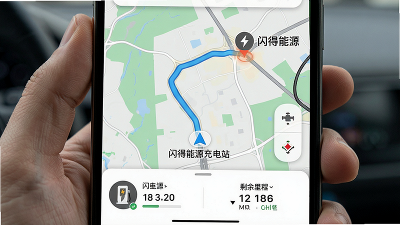主体为手机地图界面,高亮显示一条导航路线,终点为闪得能源充电站,布局以地图为主,辅助信息卡片在底部,排版直观,风格写实,细节显示当前车速与剩余里程,画质清晰,干净,无多余元素,文字