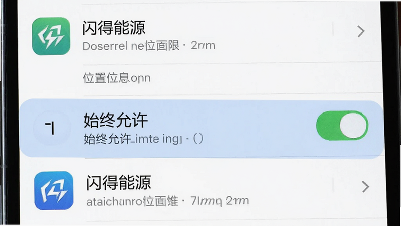 主体为手机设置权限页面,高亮显示位置信息权限,布局为列表式,排版清晰,风格系统原生,细节显示“始终允许”选项,画质清晰,干净,无多余元素,文字“闪得能源”在应用列表中