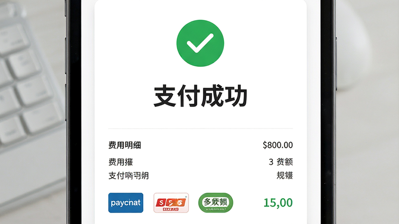 主体为支付成功页面,绿色对勾图标,布局居中,上方显示支付金额,下方列出费用明细,排版极简,风格清新,细节展示支付渠道图标,画质高清,干净,无多余元素,文字