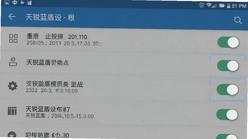 天锐蓝盾设置权限界面截图,主体为手机设置页面,布局列表式,排版标准安卓风格,细节高亮显示权限开关,画质清晰,无干扰元素