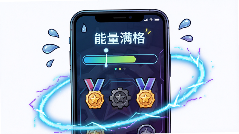 生成一张概念插图,主体为智能手机,屏幕中展示游戏化进度条和虚拟勋章,周围环绕着动态的运动元素如汗水滴和能量环,布局中心对称,排版具有科技感,风格为赛博朋克与运动风结合,细节丰富,画质高清,干净背景,文字显示“能量满格”