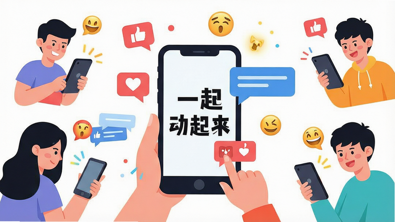 生成一张社交场景插画,主体为多个卡通人物在手机前互动,周围漂浮着点赞气泡和对话窗口,布局分散但视觉焦点集中在中心手机,排版活泼,风格为卡通扁平化,细节包含表情符号和互动特效,画质明亮,干净背景,文字显示“一起动起来”