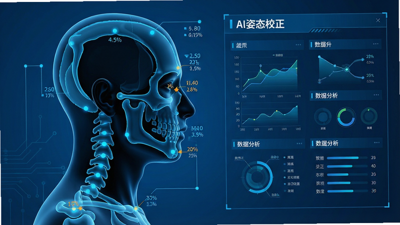 生成一张技术示意图,主体为人物侧面轮廓,叠加蓝色的骨骼识别线条和数据点,布局左侧为人物,右侧为数据分析面板,排版清晰直观,风格为科技蓝调,细节展示关节角度数值,画质锐利,无杂乱背景,文字显示“AI姿态校正”