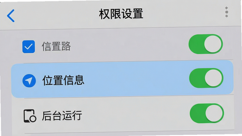 生成一张手机设置界面截图风格图,主体为权限管理列表,高亮显示“位置信息”和“后台运行”选项,布局垂直排列,排版清晰,风格为系统原生UI,细节包含勾选框和开关状态,画质清晰,无广告干扰,文字显示“权限设置”