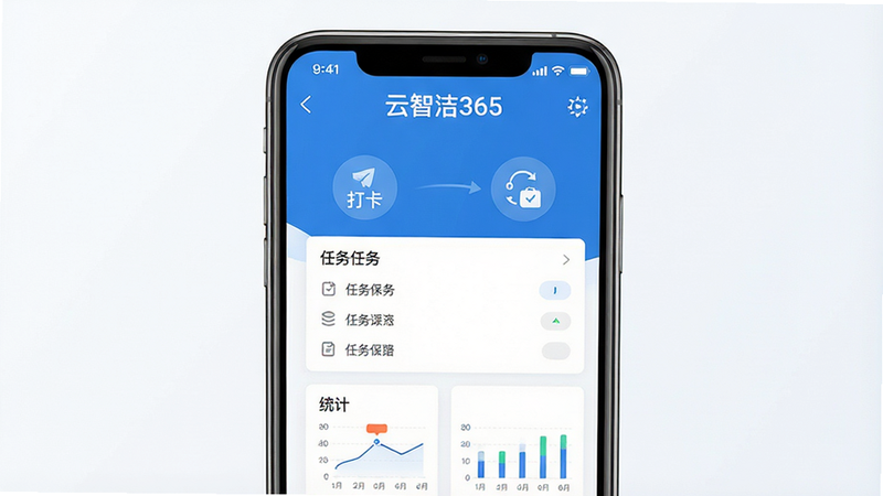 一张展示云智洁365软件界面的高清宣传图,主体为手机屏幕,显示着简洁的蓝色主色调UI界面,布局清晰,包含打卡、任务列表和统计图表模块,排版整洁现代,风格为扁平化商务风,细节处展现数据同步的图标,画质高清,干净无多余元素,文字包含