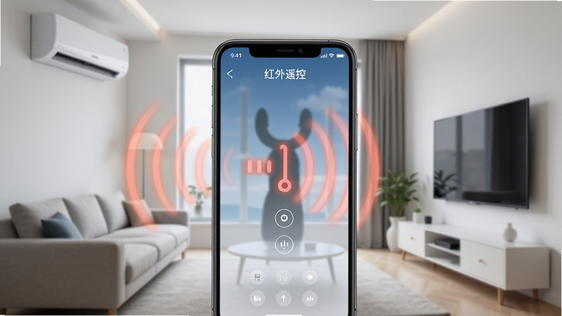 主体为智能手机屏幕,显示“红外遥控”APP界面,背景为现代简约客厅,包含空调和电视,布局清晰,排版整洁,风格为写实科技风,细节展现红外信号波纹,画质高清,干净,无多余元素