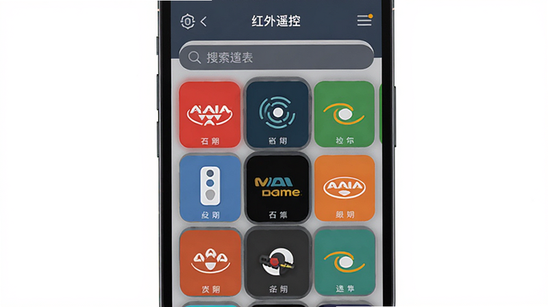主体为手机APP界面,展示“红外遥控”设备选择列表,显示多个品牌Logo,布局为网格状,排版整齐,风格为扁平化设计,细节展示搜索栏和设备图标,画质高清,干净,无多余元素