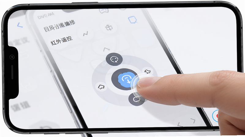 主体为手机屏幕,显示“红外遥控”自定义设置界面,展示拖拽按键的操作,布局灵活,排版自由,风格为现代UI设计,细节展示手指点击和拖动效果,画质高清,干净,无多余元素