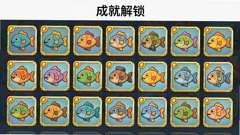 主体为“空气钓鱼”游戏内的成就图鉴页面,布局为网格状排列,展示多种彩色卡通鱼类图标,排版整齐,风格扁平化,细节处有金色边框标识稀有度,画质清晰,干净,无多余元素,文字“成就解锁”以黑色字体显示在顶部