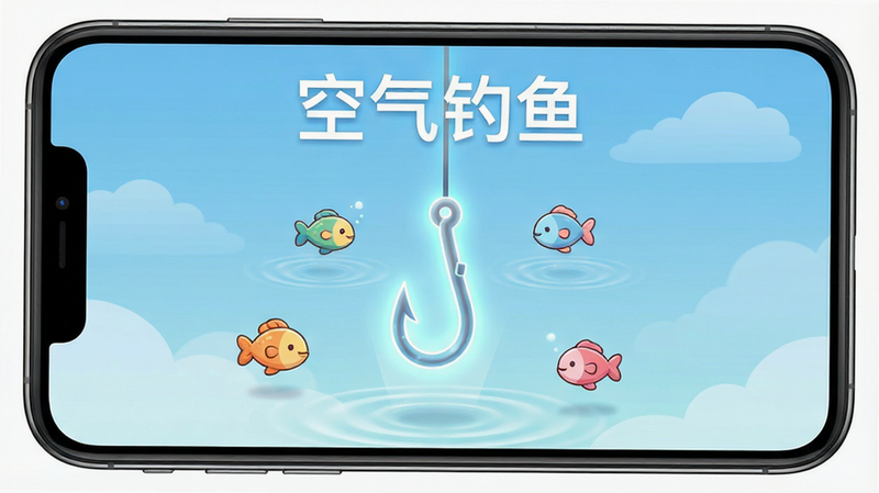 主体为手机屏幕中央展示“空气钓鱼”游戏界面,布局简洁,背景为淡蓝色渐变天空,中间有一个发光的虚拟鱼钩悬空,周围漂浮着几条卡通风格的小鱼,排版居中,风格清新治愈,细节处有细微的水波纹动画效果,画质高清,干净,无多余元素,文字“空气钓鱼”以白色无衬线字体显示在顶部